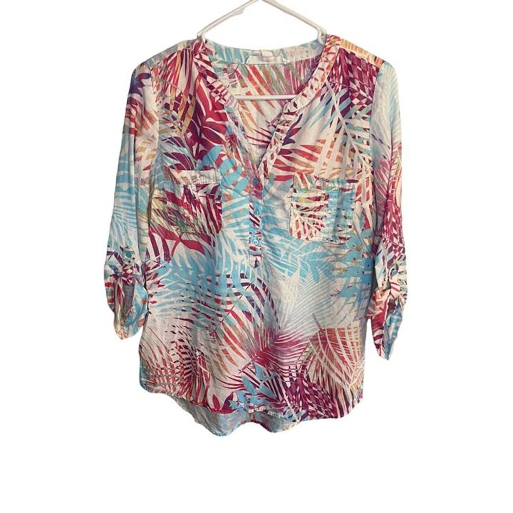 Ecco Bay Linen Rayon Leaves Coastal Top Women's S